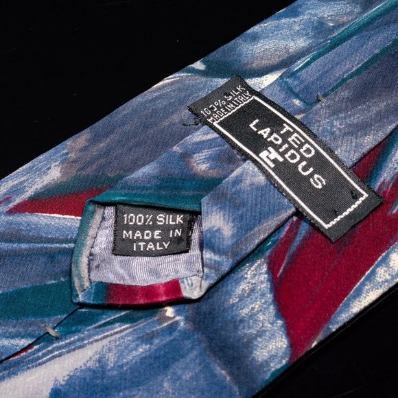 Vintage Ted Lapidus Red Blue Abstract 100% Silk Men's Designer Tie - Picture 3 of 5